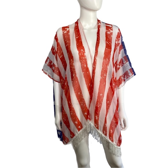 GMA Accessories Patriotic American Flag Sheer Open Front Fringed Swim Cover - Picture 1 of 6